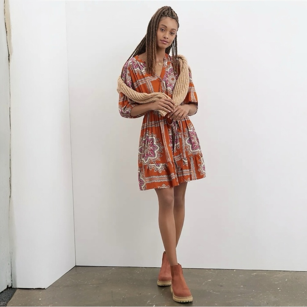 Anthropologie Porridge Isabel Orange Paisley Belt Tie Long Sleeve Size XS
